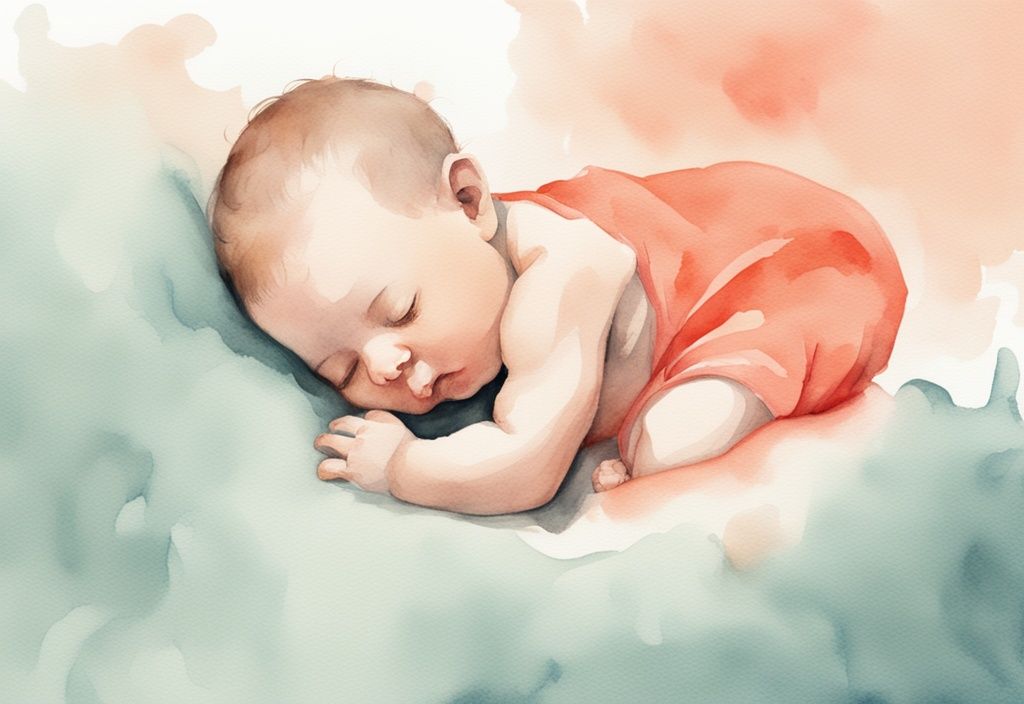 Modern watercolor illustration of a baby sleeping with butt in the air, exploring why does my baby sleep with his butt in the air, in coral hues.