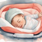 Modern watercolor illustration of a baby sleeping safely on its back using a sleep positioner, with informational graphics on safe infant sleeping positions, addressing how to stop baby sleeping face down.