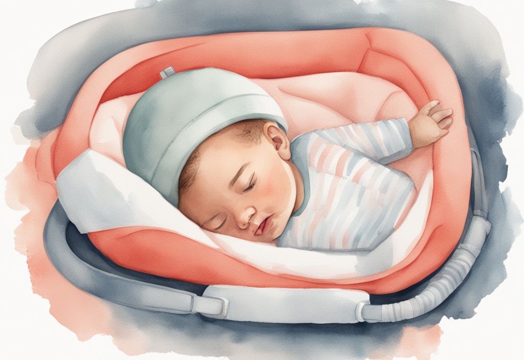 Modern watercolor illustration of a baby sleeping safely on its back using a sleep positioner, with informational graphics on safe infant sleeping positions, addressing how to stop baby sleeping face down.