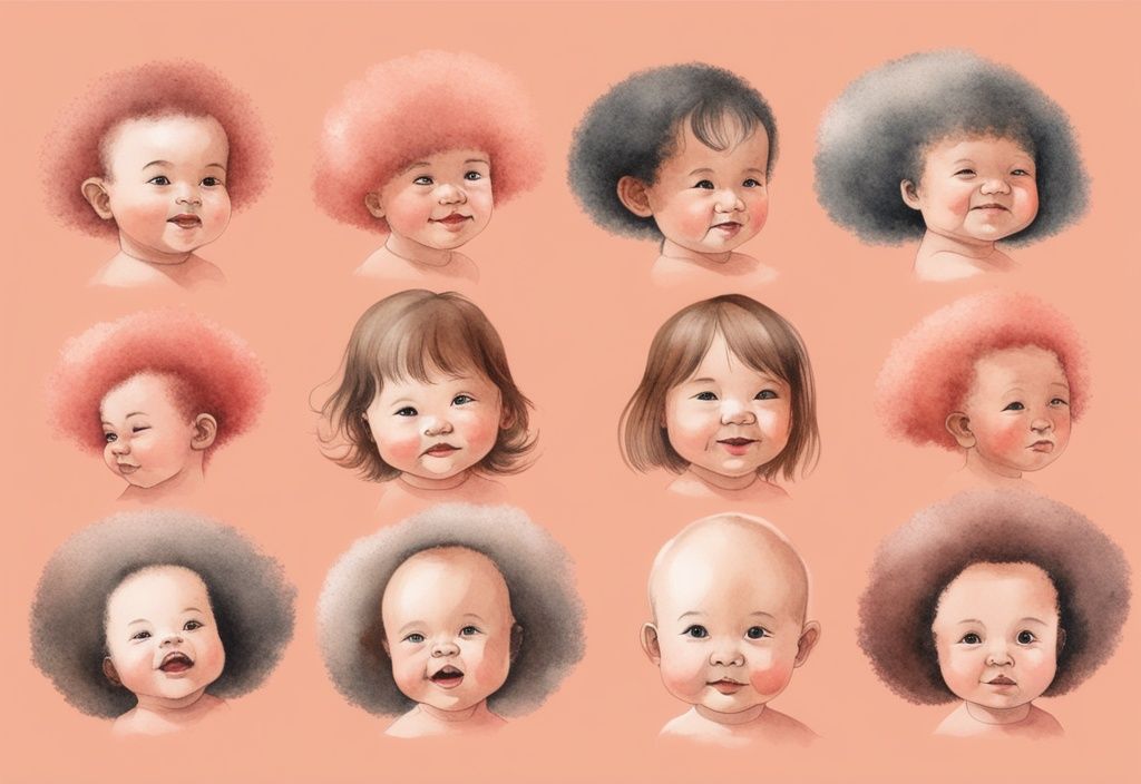 Modern watercolor illustration of baby's hair evolution from baldness to full growth in coral theme, exploring when does baby hair texture change.