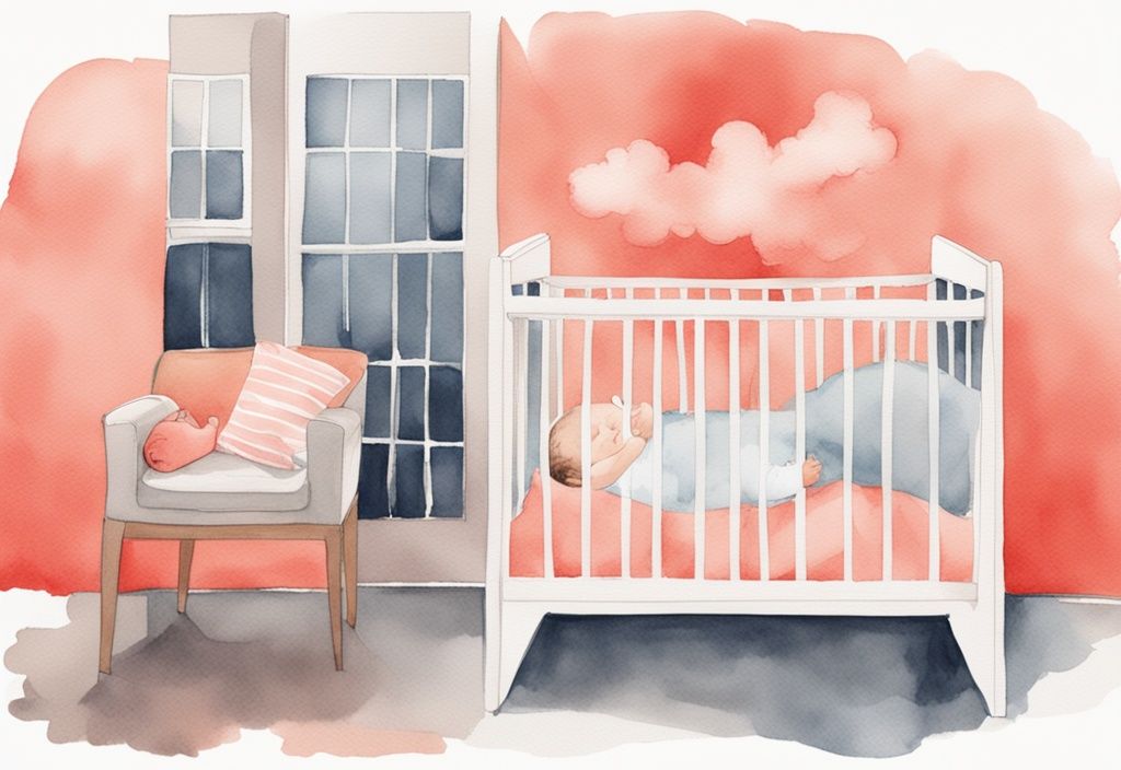 Modern watercolor illustration of a baby sleeping in a crib with a humidifier placed at a safe distance, demonstrating how far should a humidifier be from baby, with a coral color theme.