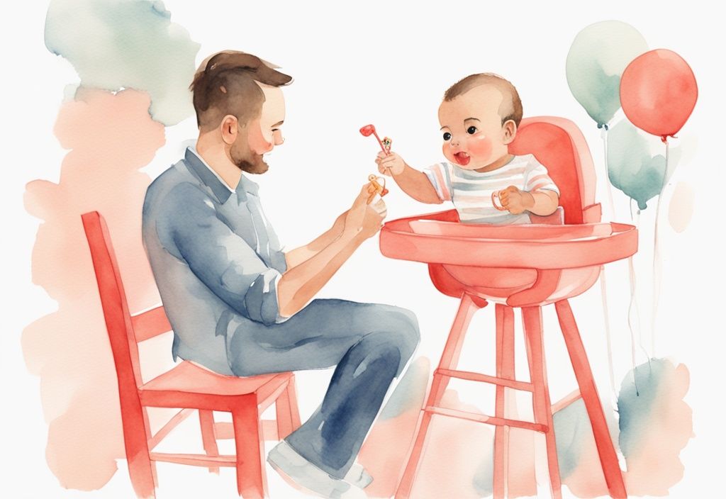 Modern watercolor illustration of a cheerful baby in coral-themed high chair holding toy with supervising adult nearby.