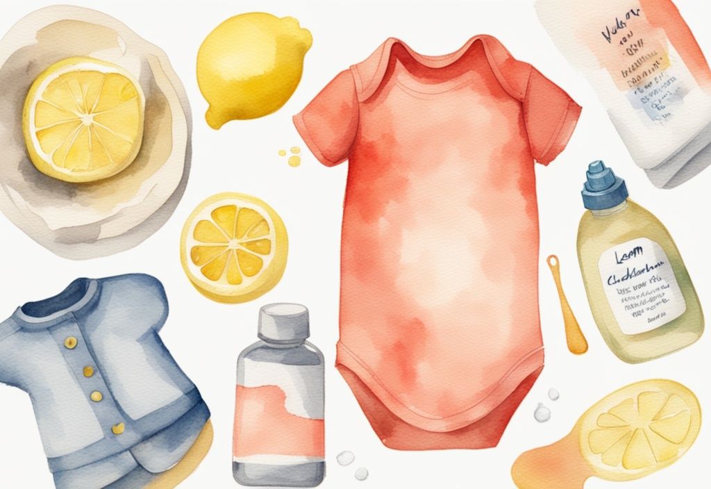 Modern watercolor illustration of coral-themed baby clothes with yellow stains, featuring natural cleaning solutions like lemon, vinegar, and baking soda on a table.