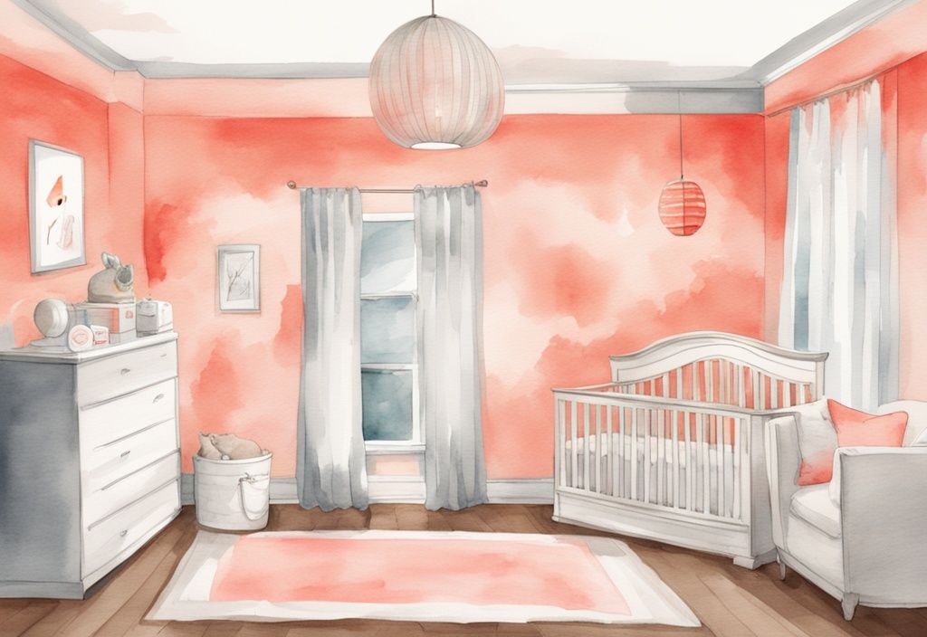 Modern watercolor illustration of a coral-themed baby room with a hygrometer showing optimal humidity levels.