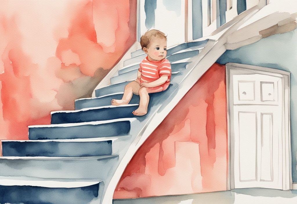 Modern watercolor illustration of a curious baby attempting to climb a short staircase under the watchful eyes of encouraging parents, capturing the moment when do babies learn to climb stairs, with a coral color theme.