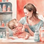 Modern watercolor illustration of a distressed mother holding an empty formula bottle with an expiry date, while her baby gnaws on an empty formula box, highlighting the theme "I accidentally gave my baby expired formula.