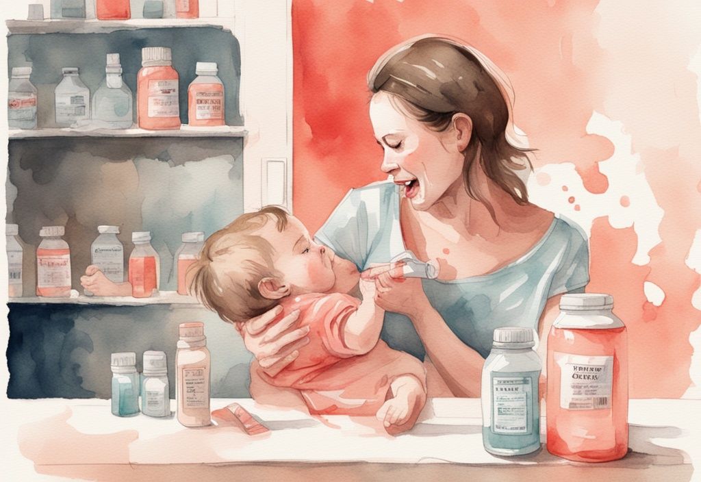 Modern watercolor illustration of a distressed mother holding an empty formula bottle with an expiry date, while her baby gnaws on an empty formula box, highlighting the theme "I accidentally gave my baby expired formula.