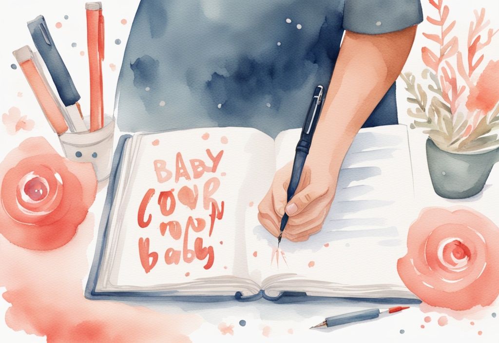 Modern coral watercolor illustration of a hand writing in a baby book amidst baby shower decorations.