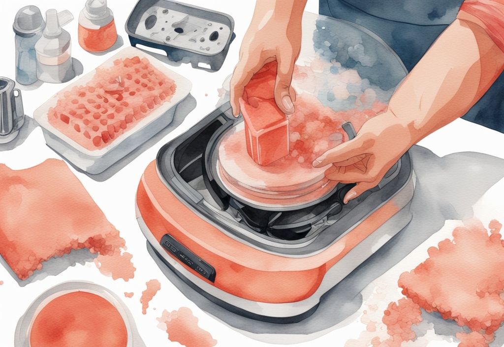 Modern watercolor illustration of hands cleaning disassembled Baby Brezza with sponge on countertop, coral theme.