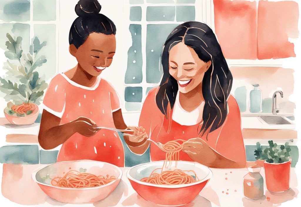 Modern watercolor illustration of a mother feeding her smiling baby with spaghetti in a coral-themed bowl.