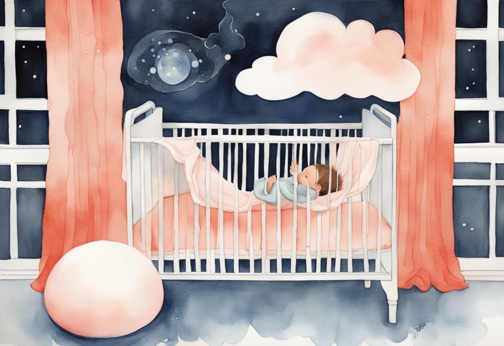 Modern watercolor illustration of a baby in a coral-themed crib, parent’s hand gently rocking, with a lullaby in a cloud bubble above.