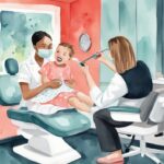 Modern watercolor illustration of a toddler in a dentist chair having black stains removed from teeth, with a parent observing, addressing how to remove black stains on baby teeth.