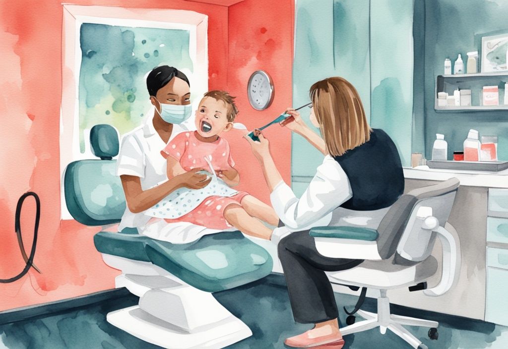 Modern watercolor illustration of a toddler in a dentist chair having black stains removed from teeth, with a parent observing, addressing how to remove black stains on baby teeth.