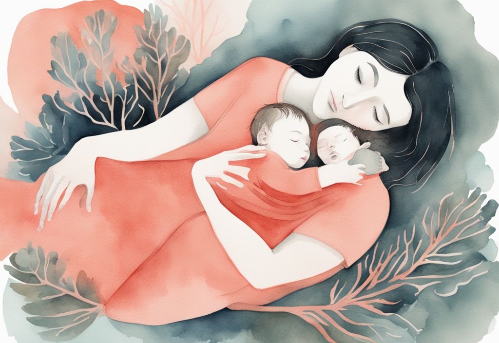 Modern watercolor illustration of a mother cradling a sleeping newborn, highlighting the theme "baby only naps when held" in a serene coral setting.