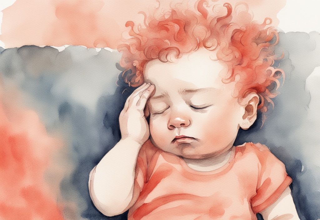 Modern watercolor illustration of a tired baby rubbing his eyes and scratching his fluffy-haired head, highlighting the theme of a baby is scratching his head when sleepy, with a coral color palette.