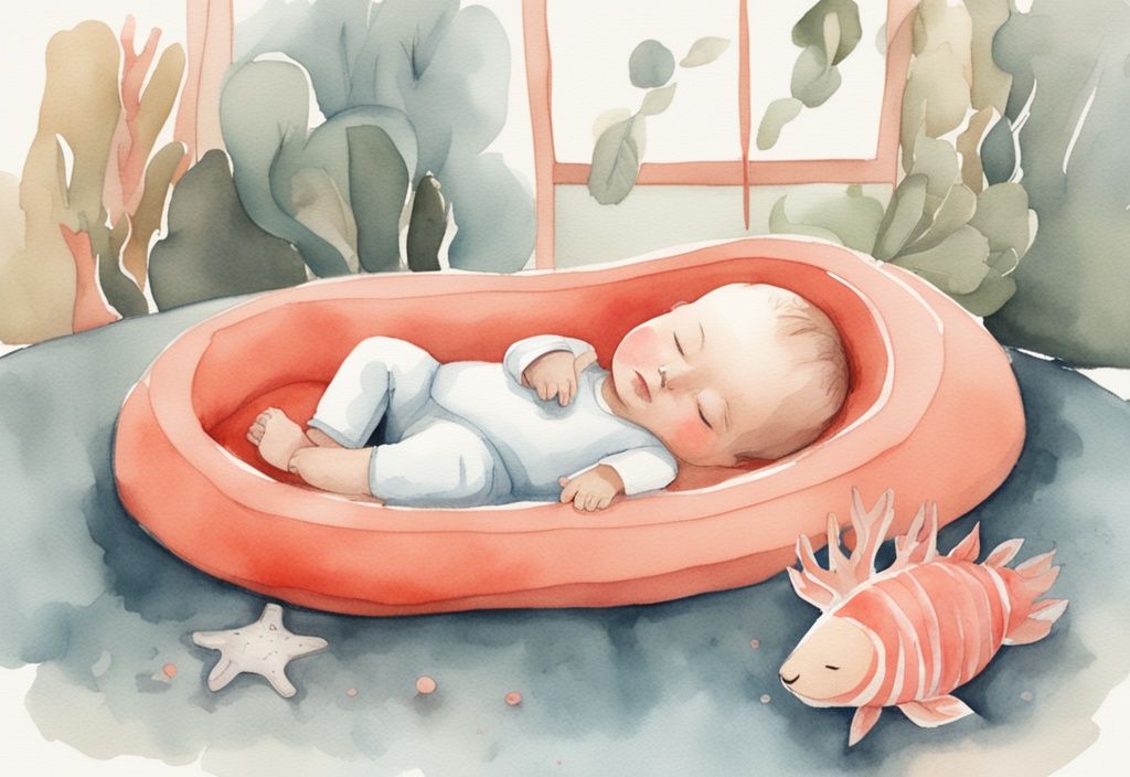 Modern watercolor illustration of a sleeping baby in a coral-themed pack and play with a timer showing sleep duration.