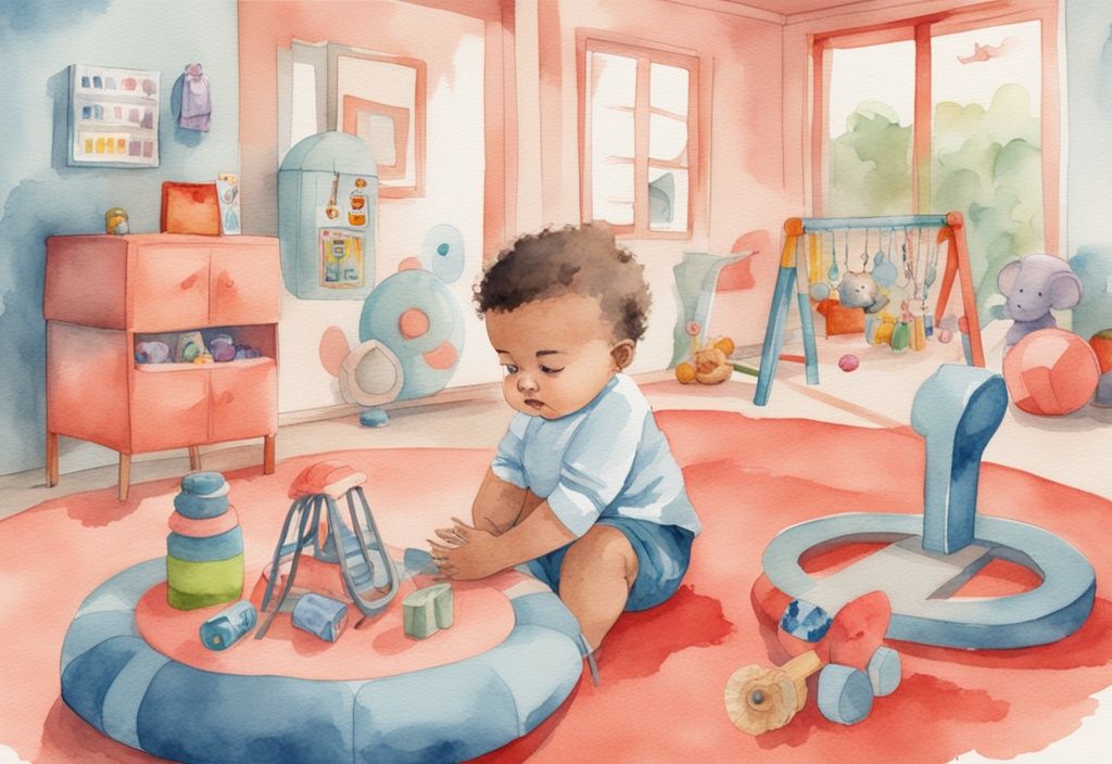 Modern watercolor illustration of a baby in a coral-themed activity center with colorful toys.