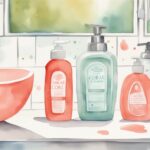 Modern watercolor illustration featuring coral-themed baby-safe bottle soaps beside a sink, highlighting what soap can I use to wash baby bottles as a parent cleans a baby bottle.