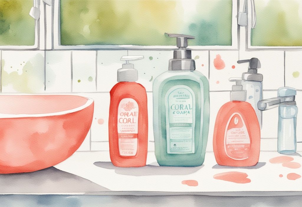 Modern watercolor illustration featuring coral-themed baby-safe bottle soaps beside a sink, highlighting what soap can I use to wash baby bottles as a parent cleans a baby bottle.