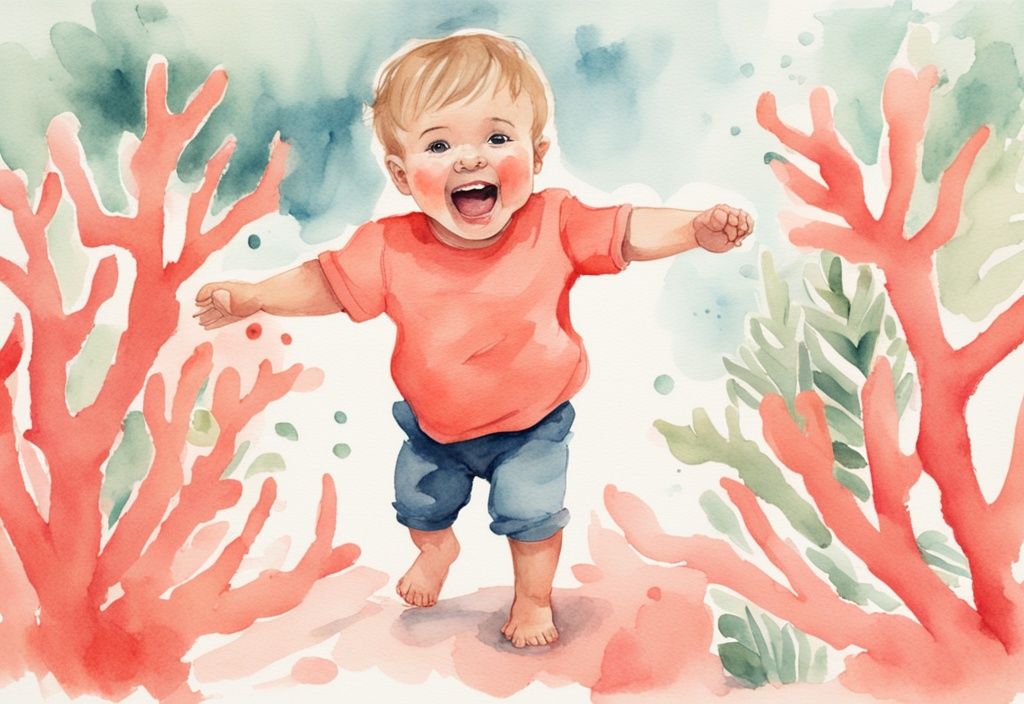 Coral-themed watercolor illustration of a joyful toddler taking first steps towards parents, highlighting when do babies start walking.