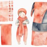 Modern watercolor illustration featuring a coral-themed scarf folded into a sling with a baby doll, demonstrating how to make a baby sling out of a scarf.