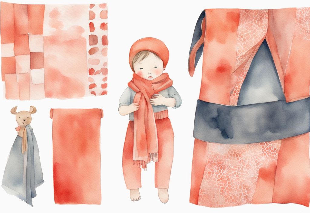 Modern watercolor illustration featuring a coral-themed scarf folded into a sling with a baby doll, demonstrating how to make a baby sling out of a scarf.