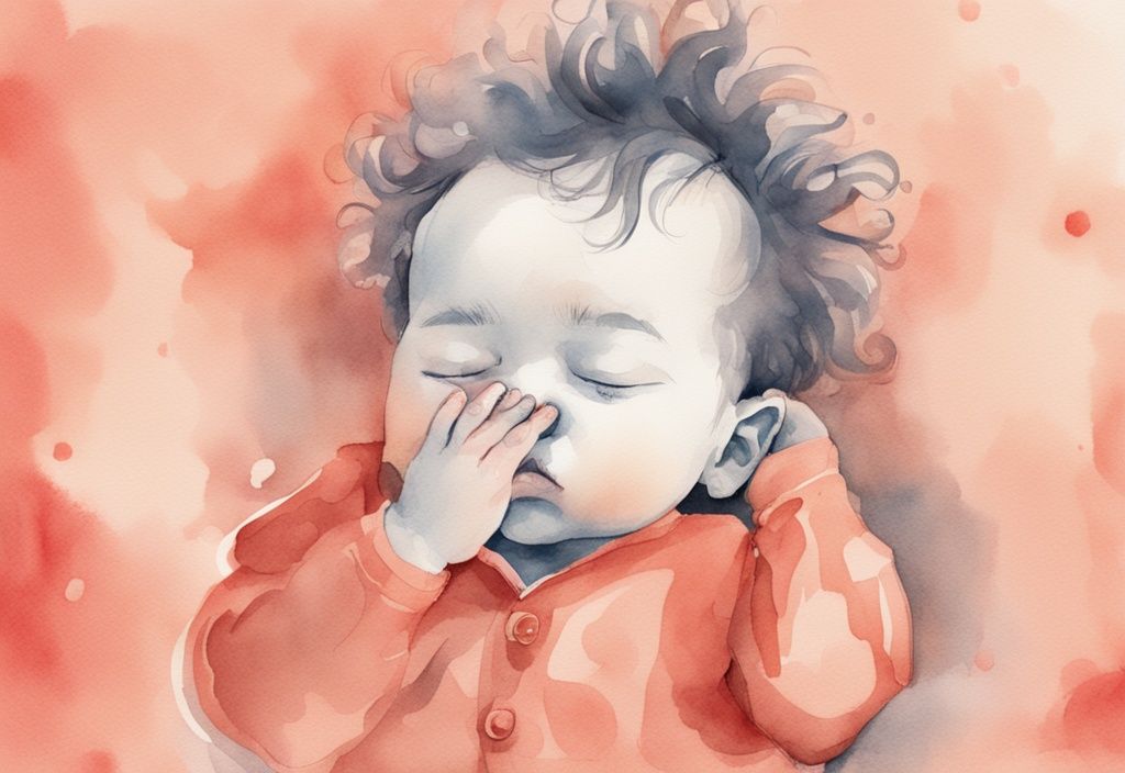 Modern watercolor illustration of a tired baby rubbing his eyes and scratching his head when sleepy, with a coral color theme.