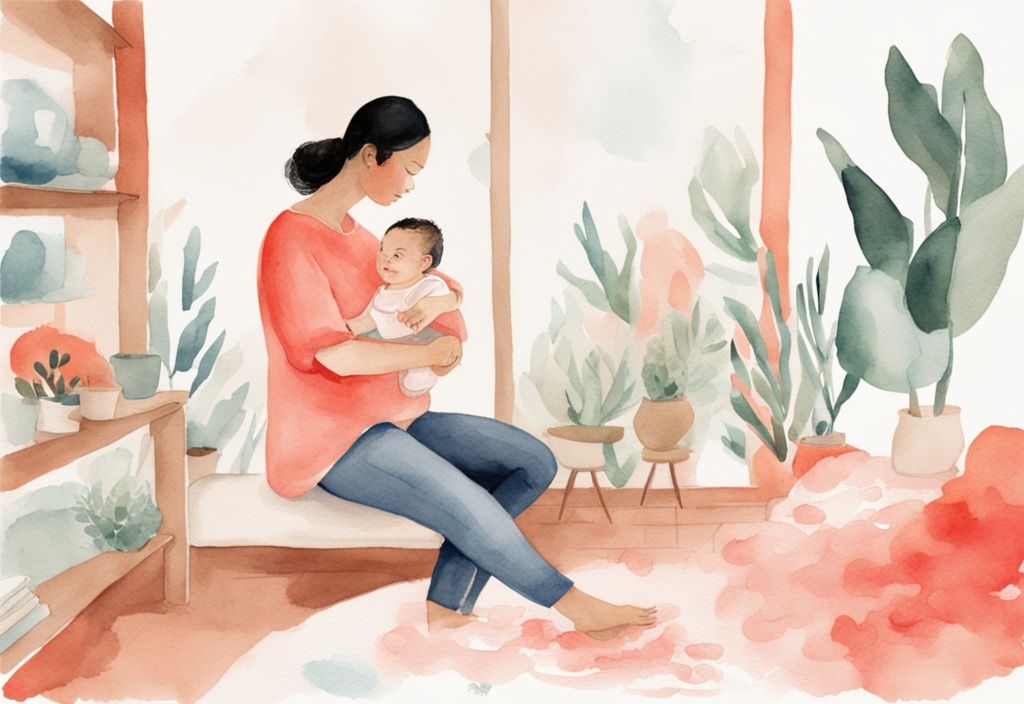 Modern watercolor illustration of a mother weighing her baby at home in a homemade balance system, featuring a coral color theme, demonstrating how to weigh baby at home safely and comfortably.