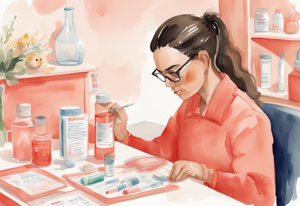 Modern watercolor illustration of caregiver measuring Tylenol and Motrin doses with syringes, featuring coral color theme, information leaflet, and baby's pacifier in background.