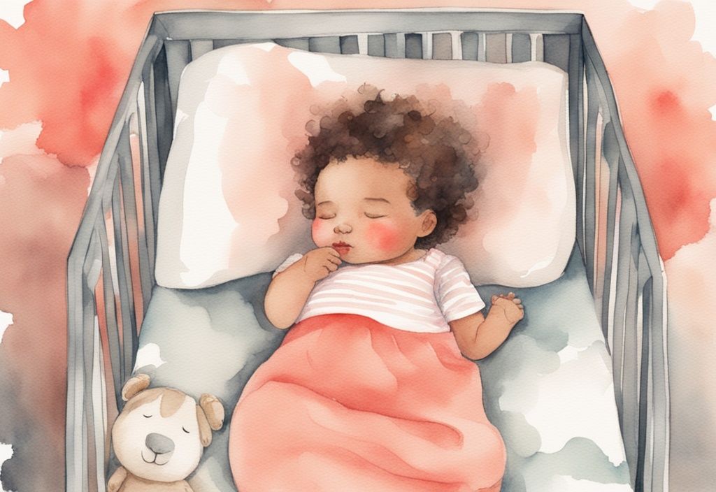 Modern watercolor illustration of a baby sleeping in a crib with a stuffed animal, coral color theme.