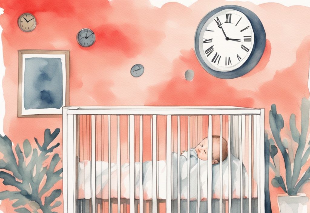 Modern watercolor illustration of a calm baby lying in a crib, with a coral color theme and a wall clock symbolizing time; related to the keyword how long to leave baby in crib if not napping.