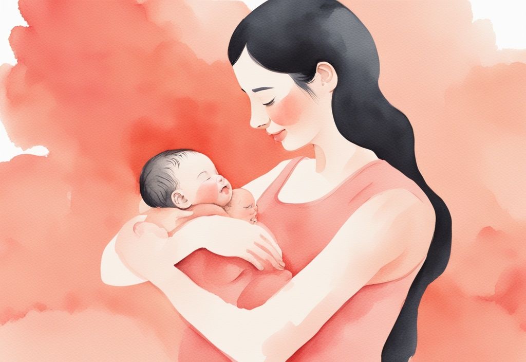 Modern watercolor illustration of a parent massaging an infant's belly with coral tones, showing a smiling baby, related to how to make a baby fart.