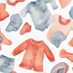 Modern watercolor illustration of neatly folded baby clothes on a soft blanket with text overlays showing recommended quantities for first-time parents, answering the question: how many baby clothes do I need.