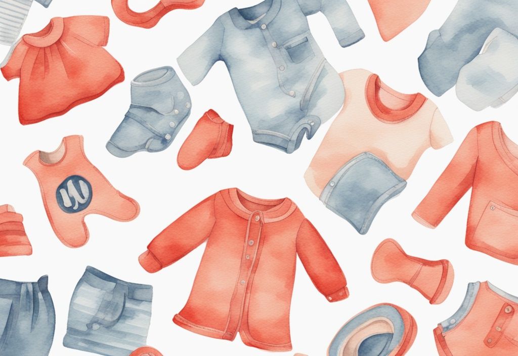 Modern watercolor illustration of neatly folded baby clothes on a soft blanket with text overlays showing recommended quantities for first-time parents, answering the question: how many baby clothes do I need.