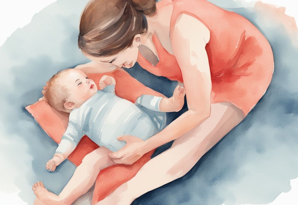 Modern watercolor illustration of a mother helping her baby roll on a blue mat, coral color theme.