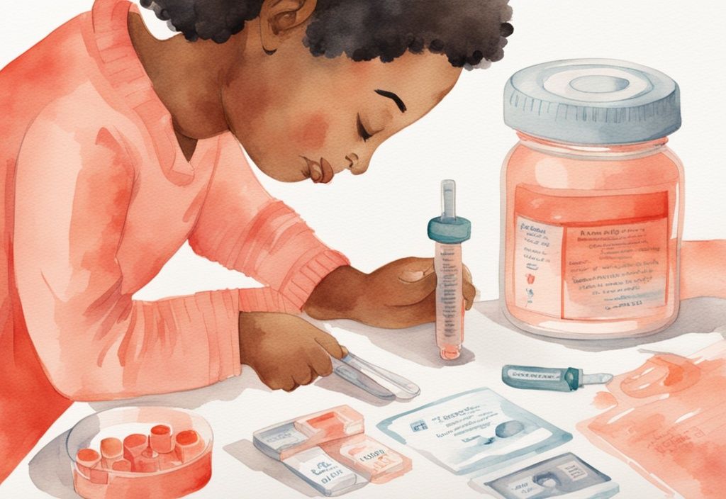 Modern watercolor illustration of caregiver measuring Tylenol and Motrin doses into syringes, featuring coral color theme, with information leaflet and baby pacifier in background.