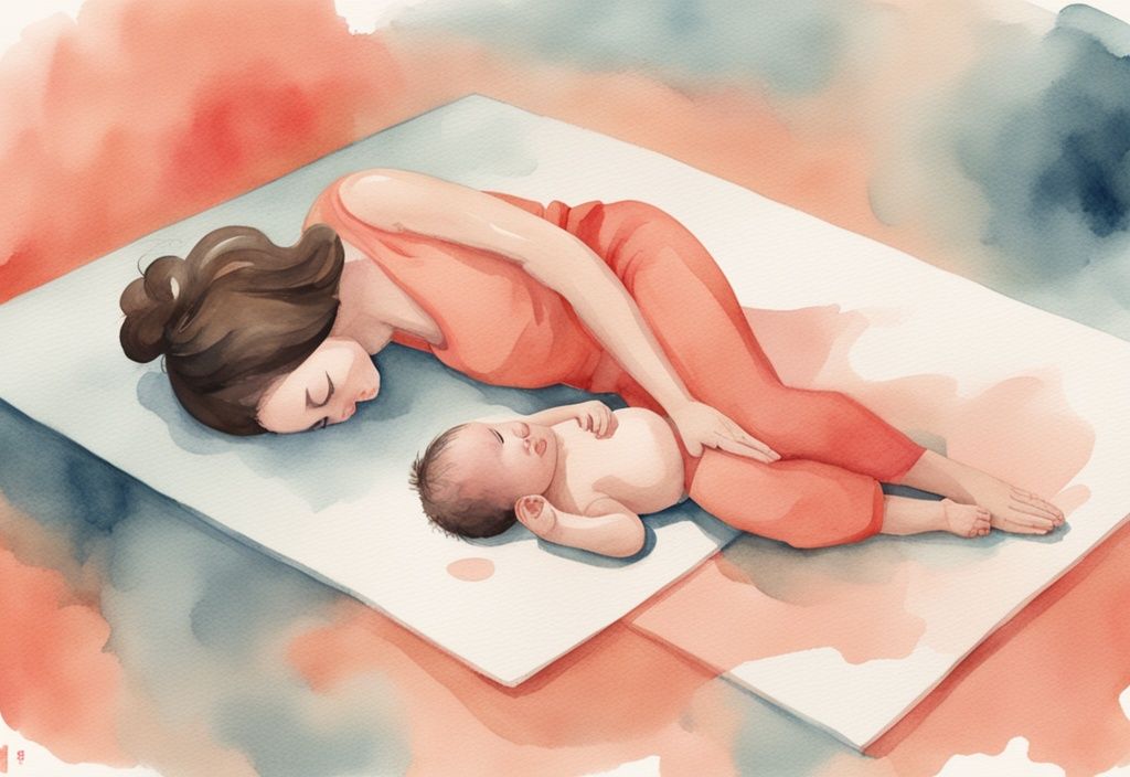 Modern watercolor illustration of a parent and baby on a soft mat practicing rolling over, demonstrating how to practice rolling with baby in a coral-themed artwork.