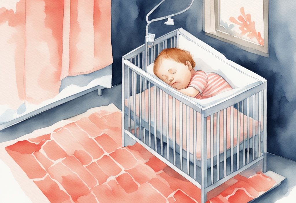 Modern watercolor illustration of a baby sleeping in a crib with coral theme, showing ideal distance to a humidifier for safe sleep.