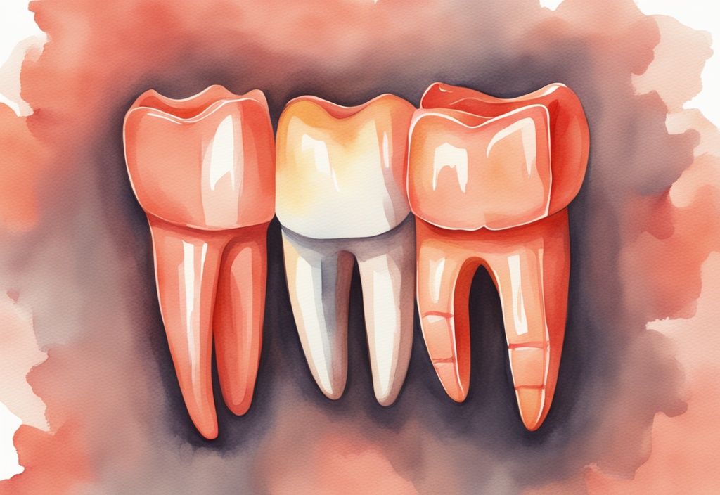 Modern watercolor illustration of a baby tooth and adult tooth in coral theme, labeled for dental comparison.