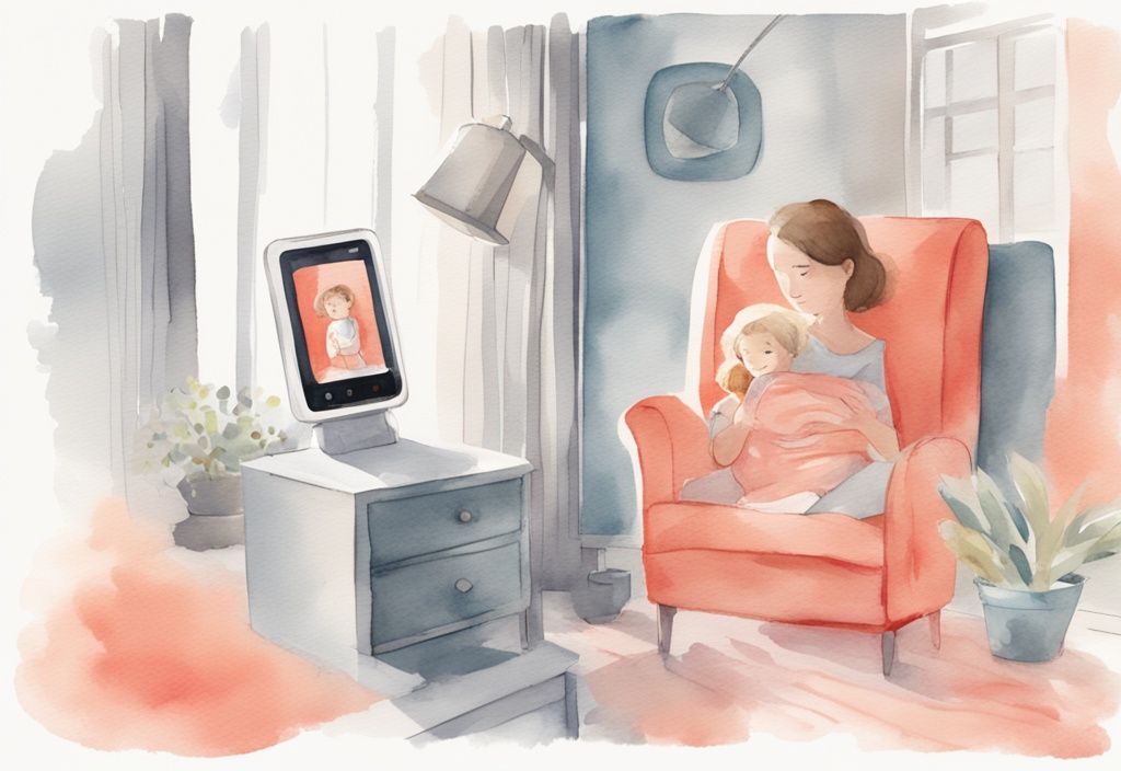 Modern watercolor illustration of a parent using a baby monitor with activated VOX feature, coral color theme.