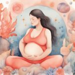 Modern watercolor illustration of a joyful pregnant woman in nature, surrounded by symbols of fertility like blooming flowers and stars, illustrating how to manifest a baby.