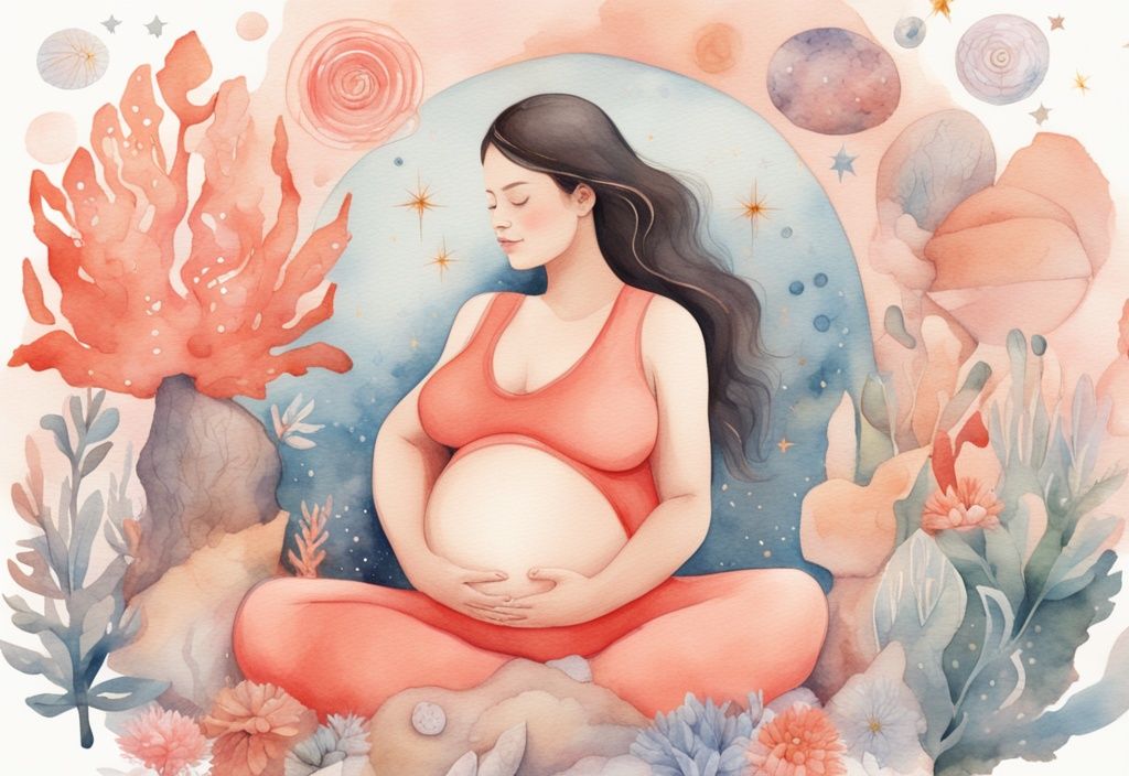 Modern watercolor illustration of a joyful pregnant woman in nature, surrounded by symbols of fertility like blooming flowers and stars, illustrating how to manifest a baby.