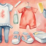 Modern watercolor illustration of baby clothes with reduced yellow stains in a before and after comparison, featuring cleaning products for how to get yellow stains out of baby clothes, with a coral color theme.