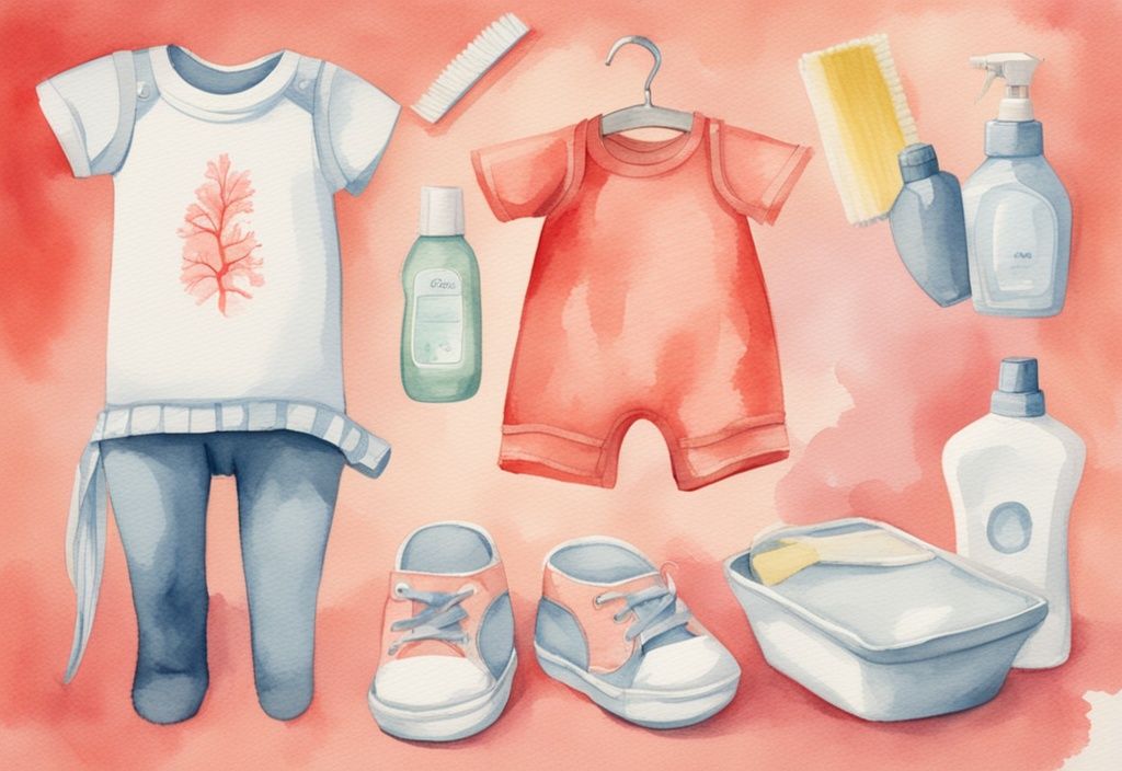 Modern watercolor illustration of baby clothes with reduced yellow stains in a before and after comparison, featuring cleaning products for how to get yellow stains out of baby clothes, with a coral color theme.