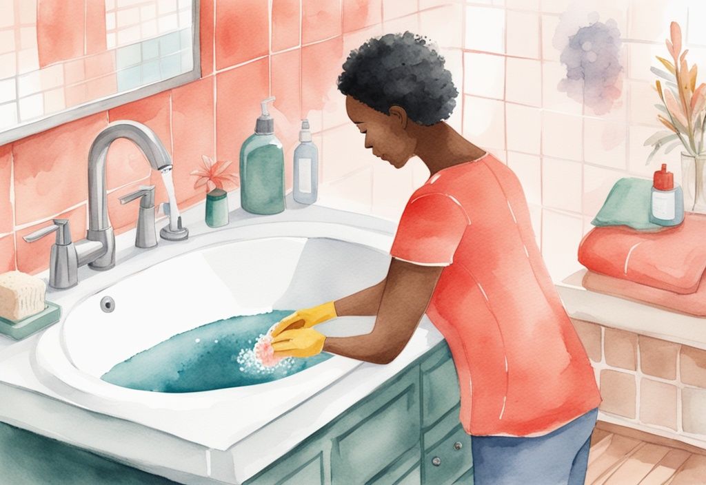 Modern watercolor illustration of a parent cleaning a baby bathtub with a sponge and non-toxic cleaner on a sink countertop, featuring a coral color theme.