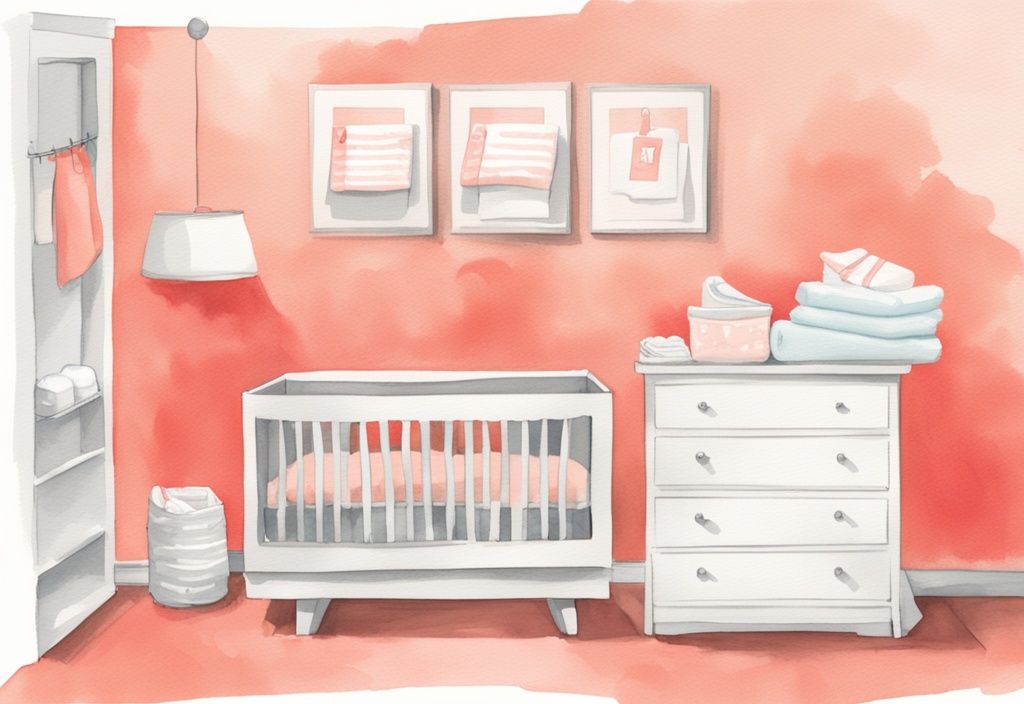 Modern watercolor illustration of coral-themed baby wipes next to a changing table, highlighting the average quantity needed per change, answering the question: how many baby wipes do I need.