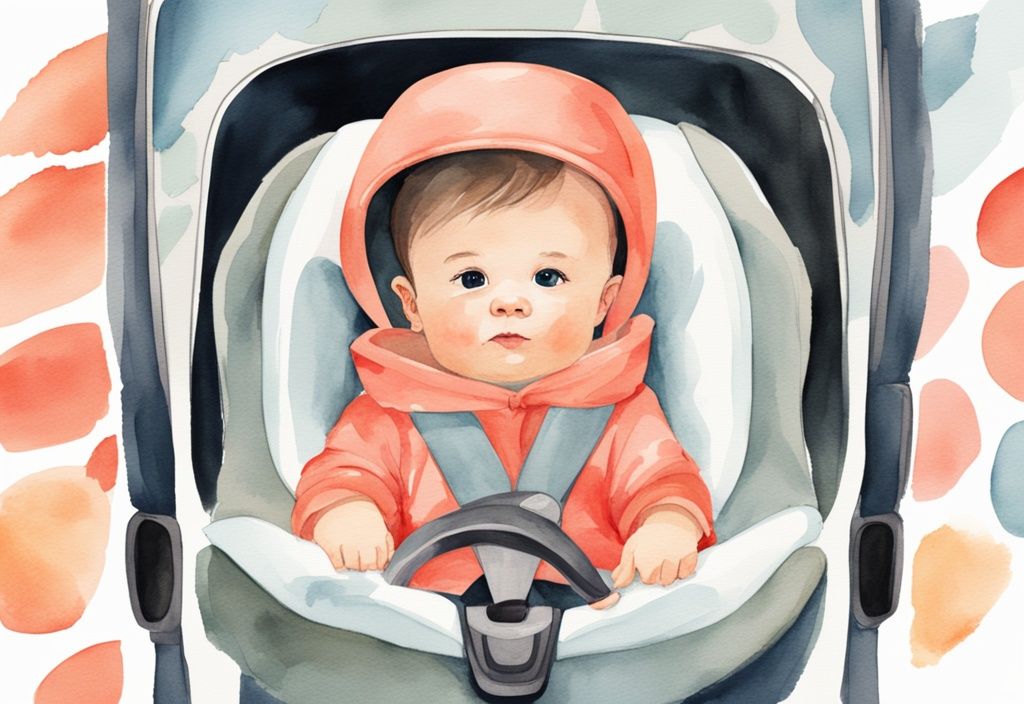 Modern watercolor illustration of a baby in a car seat with a portable fan and sun shades, coral theme.