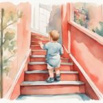 Modern watercolor illustration of a curious baby attempting to climb a short staircase under the watchful eyes of encouraging parents, depicting the theme "when do babies learn to climb stairs" with a coral color palette.