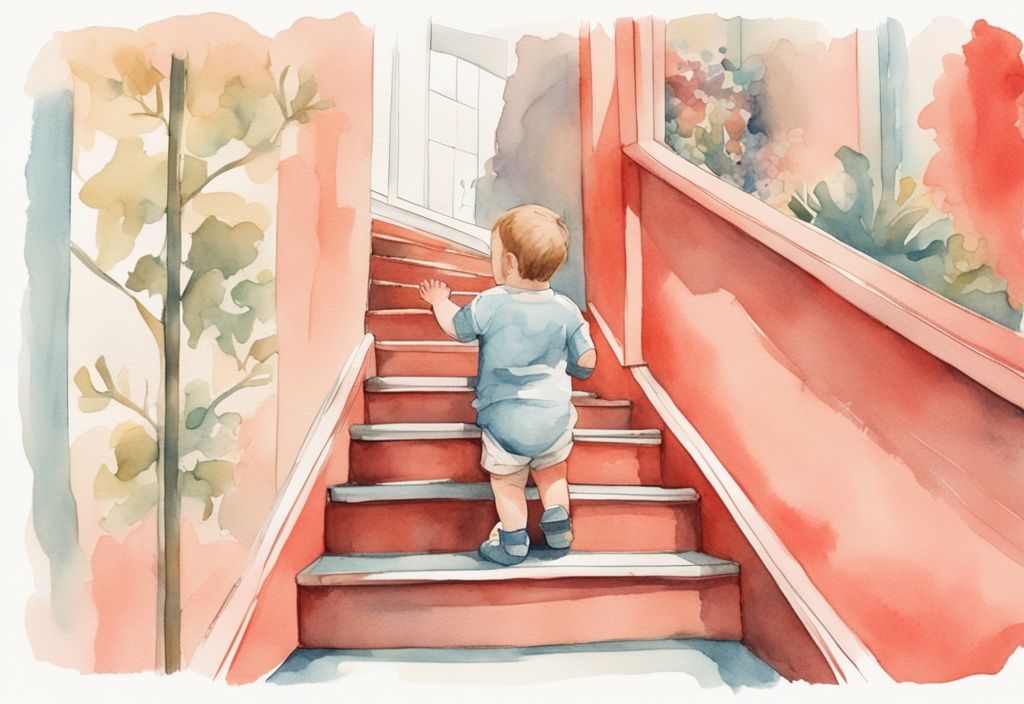 Modern watercolor illustration of a curious baby attempting to climb a short staircase under the watchful eyes of encouraging parents, depicting the theme "when do babies learn to climb stairs" with a coral color palette.