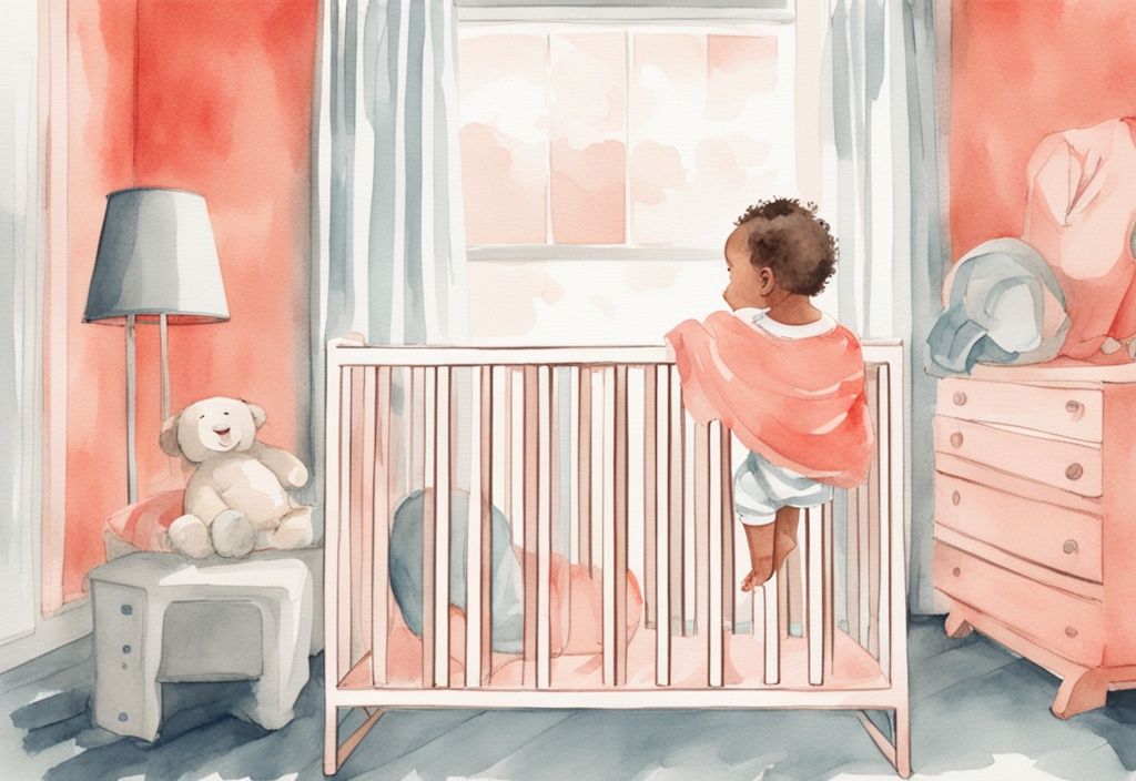 Modern watercolor illustration of a baby in a crib pulling their hair, coral color theme, preparing to sleep.